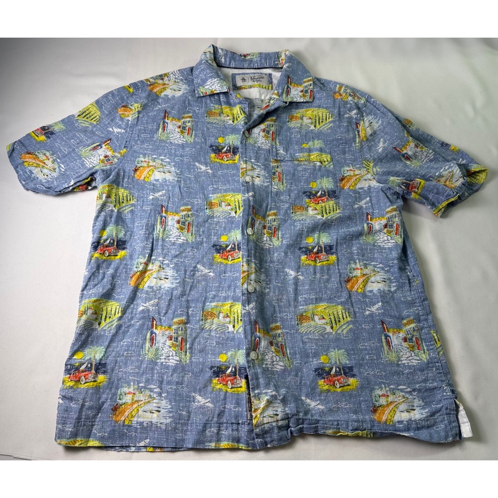 Penguin Button Up Shirt Coastal Print Short Sleeve Casual Vacation Size Med